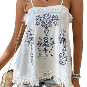 WDIRARA Women's Boho Embroidery Sleeveless Fringe Trim Cami Medium